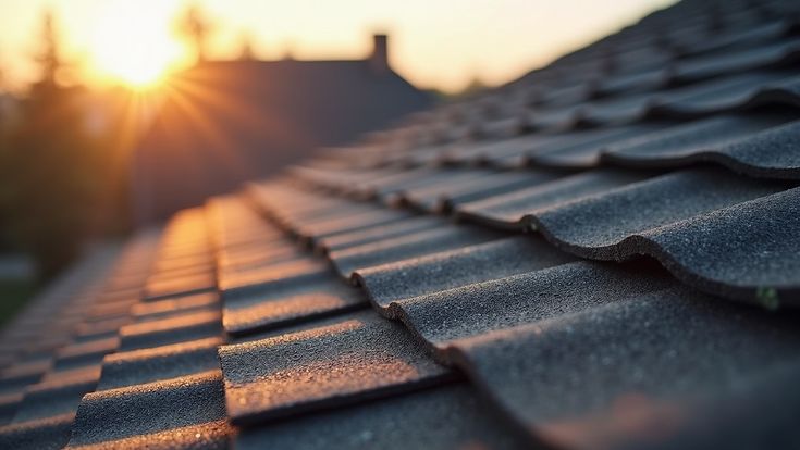 Close-up of textured roof tiles at sunset during a post-storm inspection